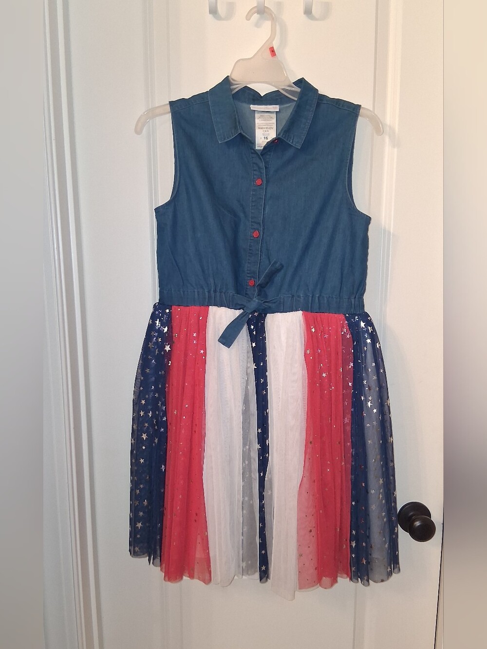 Bonnie Jean Denim Tie-Waist Dress with Red, White & Navy Star Tulle